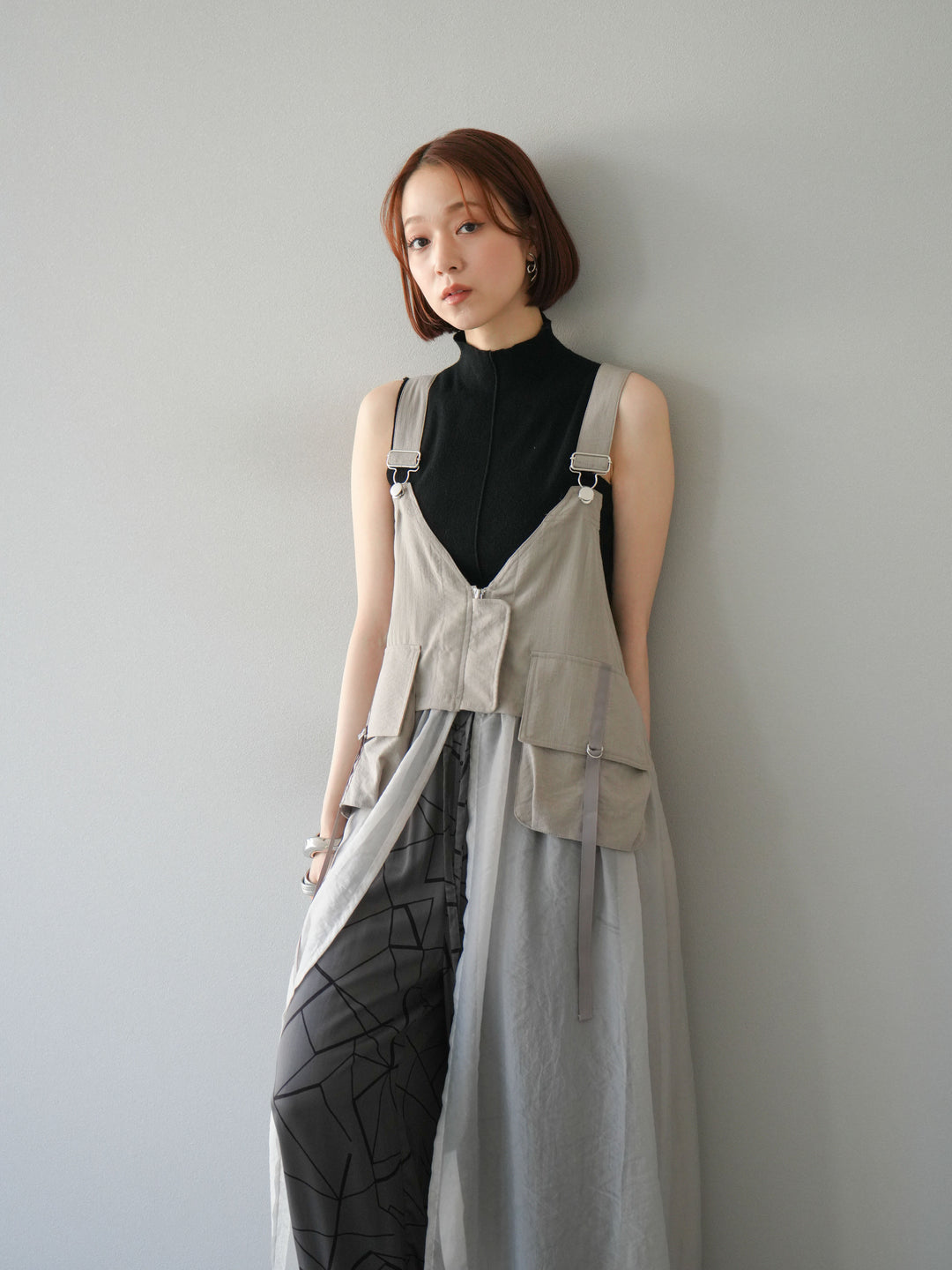 [予約]タクティカルベストオーガンザワンピース/グレージュ