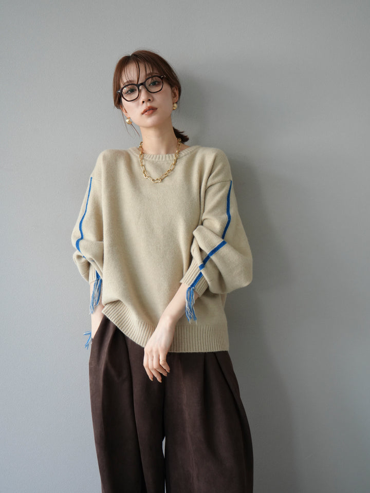 [予約]配色ステッチフリンジニットプルオーバー /アイボリー