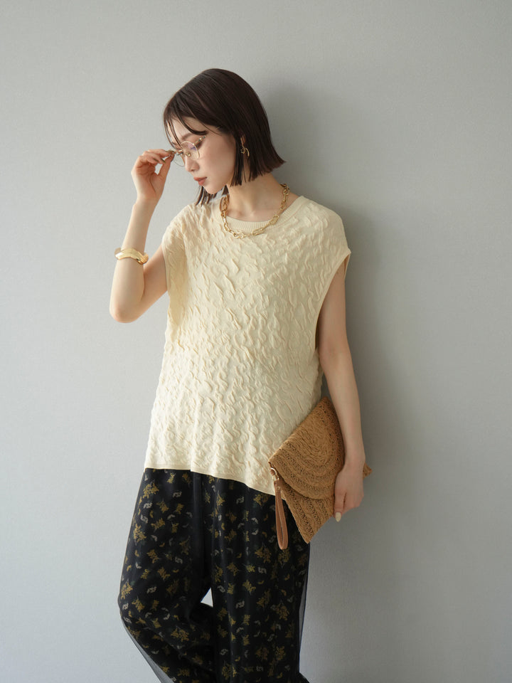 [SET]ポコポコノースリーブニットプルオーバー+コード刺繍チュールレイヤードパンツ(2set)