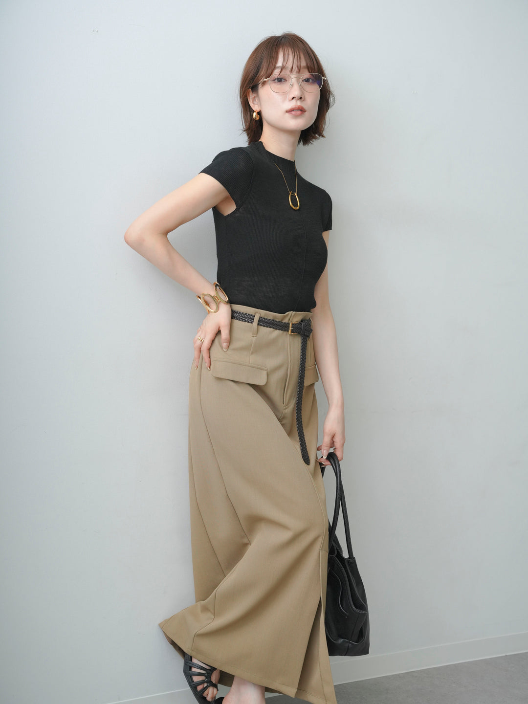[SET]シアーバックボタンリブニットトップス+クレープデシンフラップ付きストレートスカート(2set)
