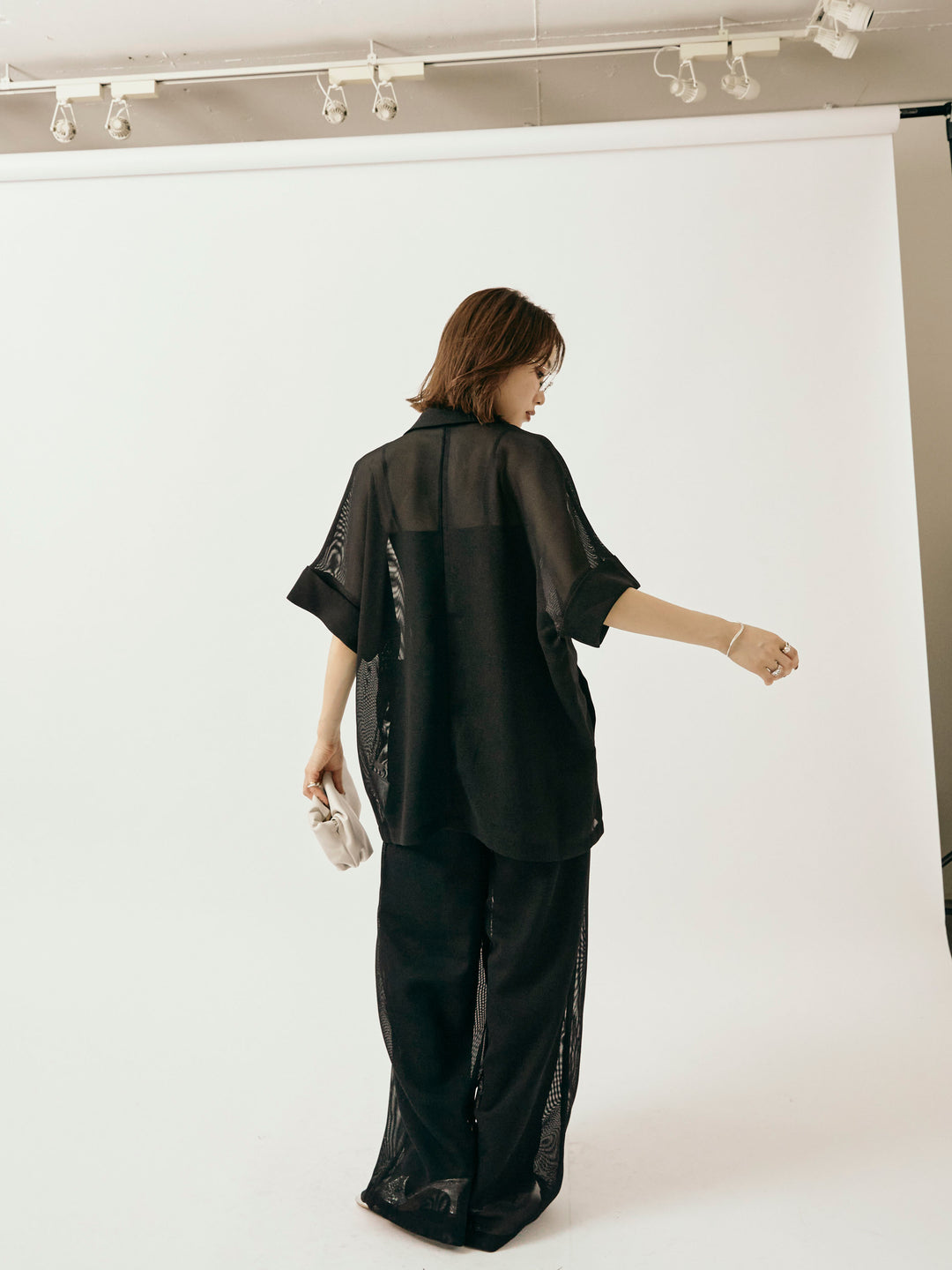 [予約]メッシュタックワイドパンツ/ブラック