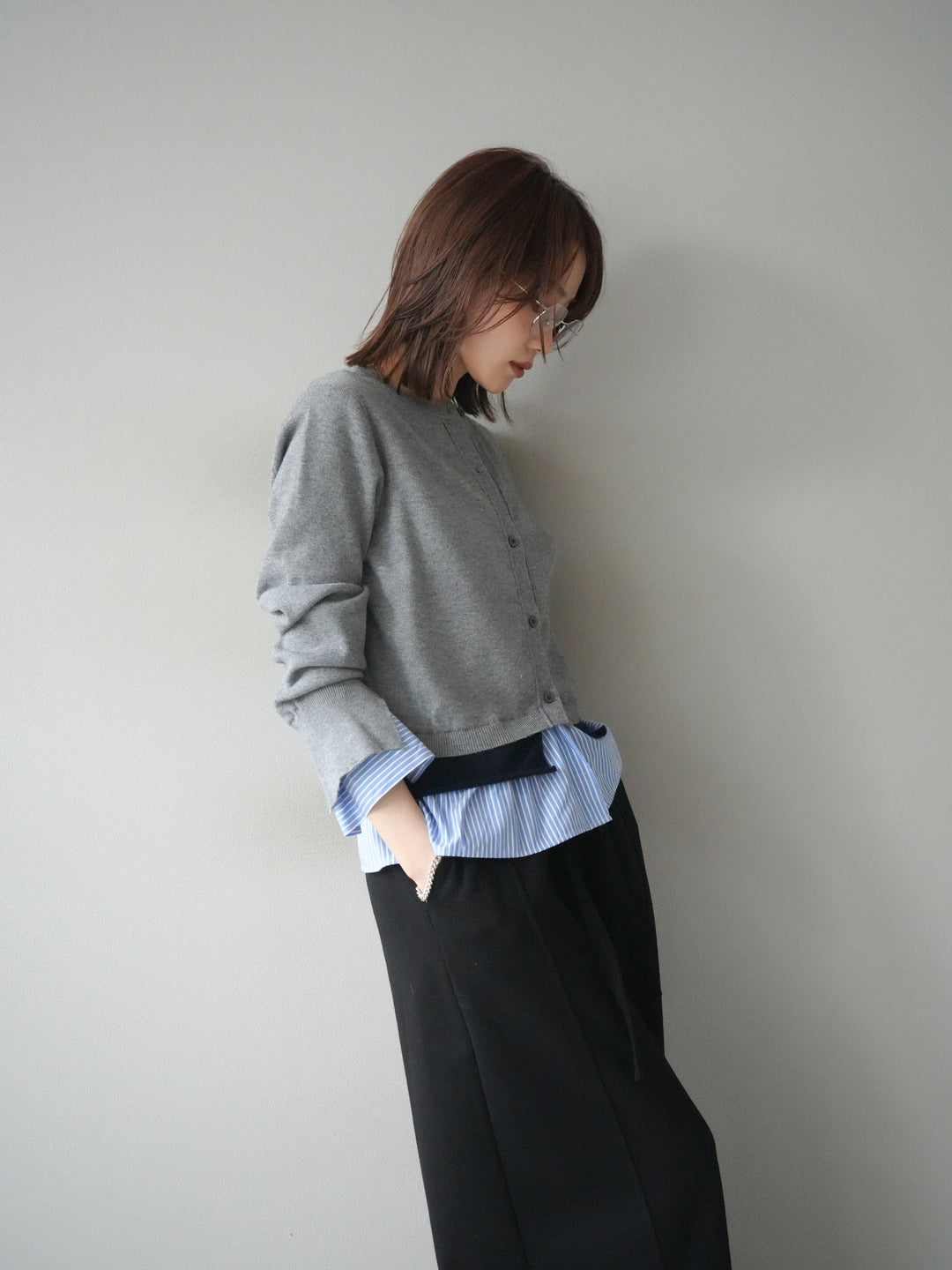 [予約]シャツ襟レイヤードニットカーディガン/gray