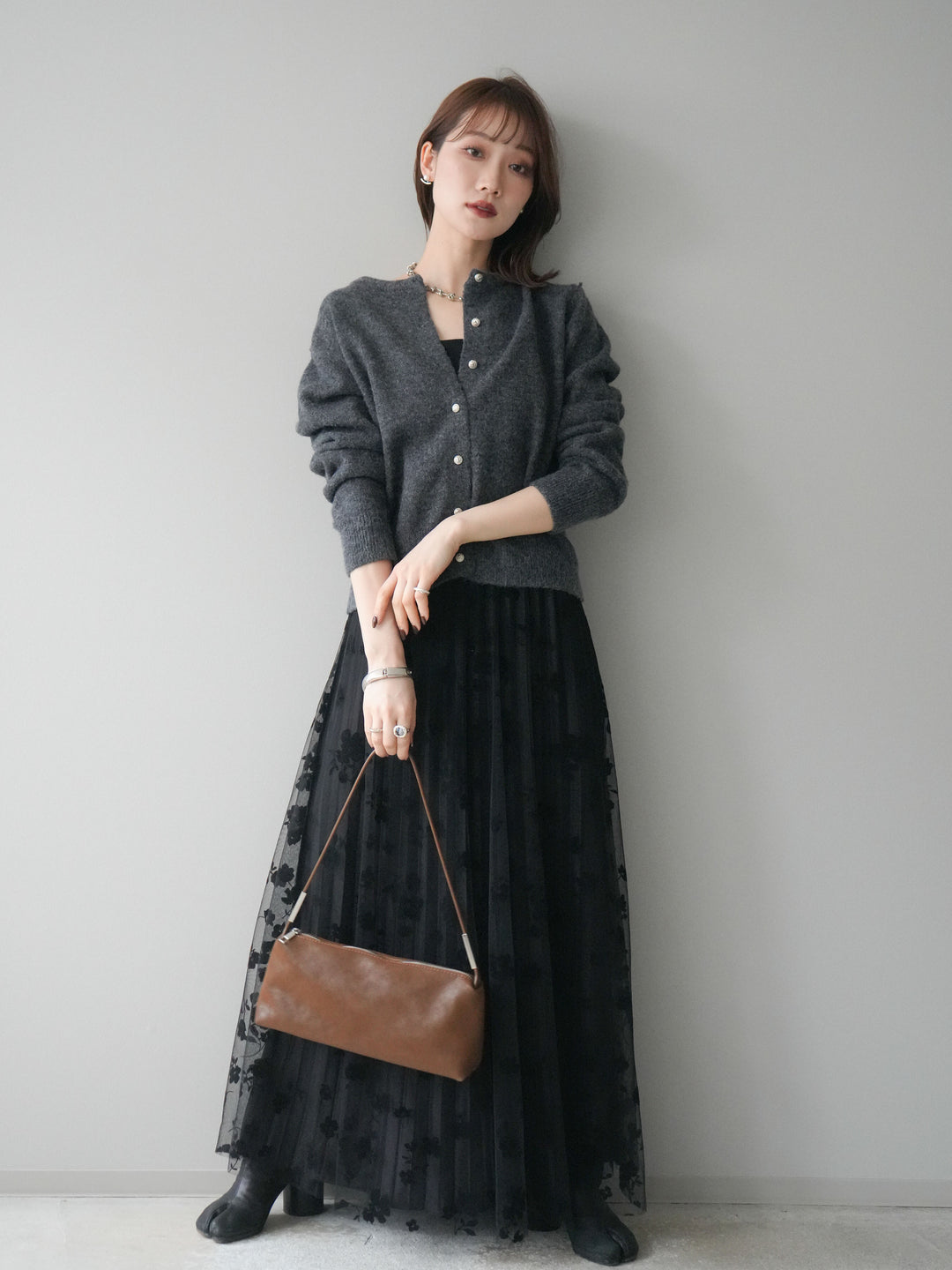 [SET]アンティークボタンニットカーディガン+フラワーフロッキーチュールプリーツスカート(2set)