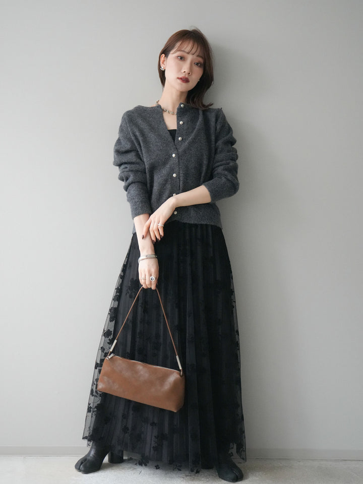[SET]アンティークボタンニットカーディガン+フラワーフロッキーチュールプリーツスカート(2set)