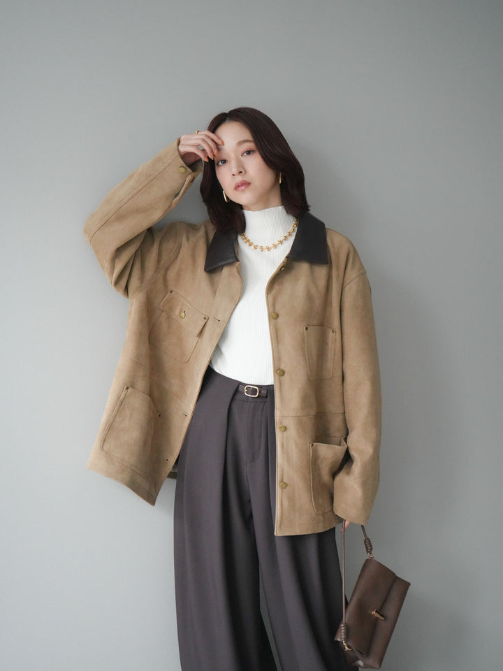 [SET]襟レザーステンカラースエードジャケット+袖ボタンボトルネックリブニットトップス+ベルトループデザインワイドパンツ(3set)