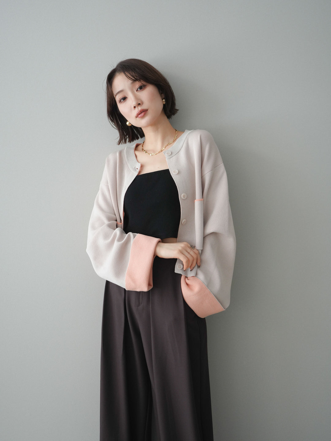 [SET]レーヨンポリダブルフェイスニットカーディガン+ベルトループデザインワイドパンツ(2set)