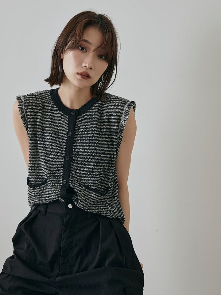 [予約]ボーダー袖フリンジニットベスト/ブラック