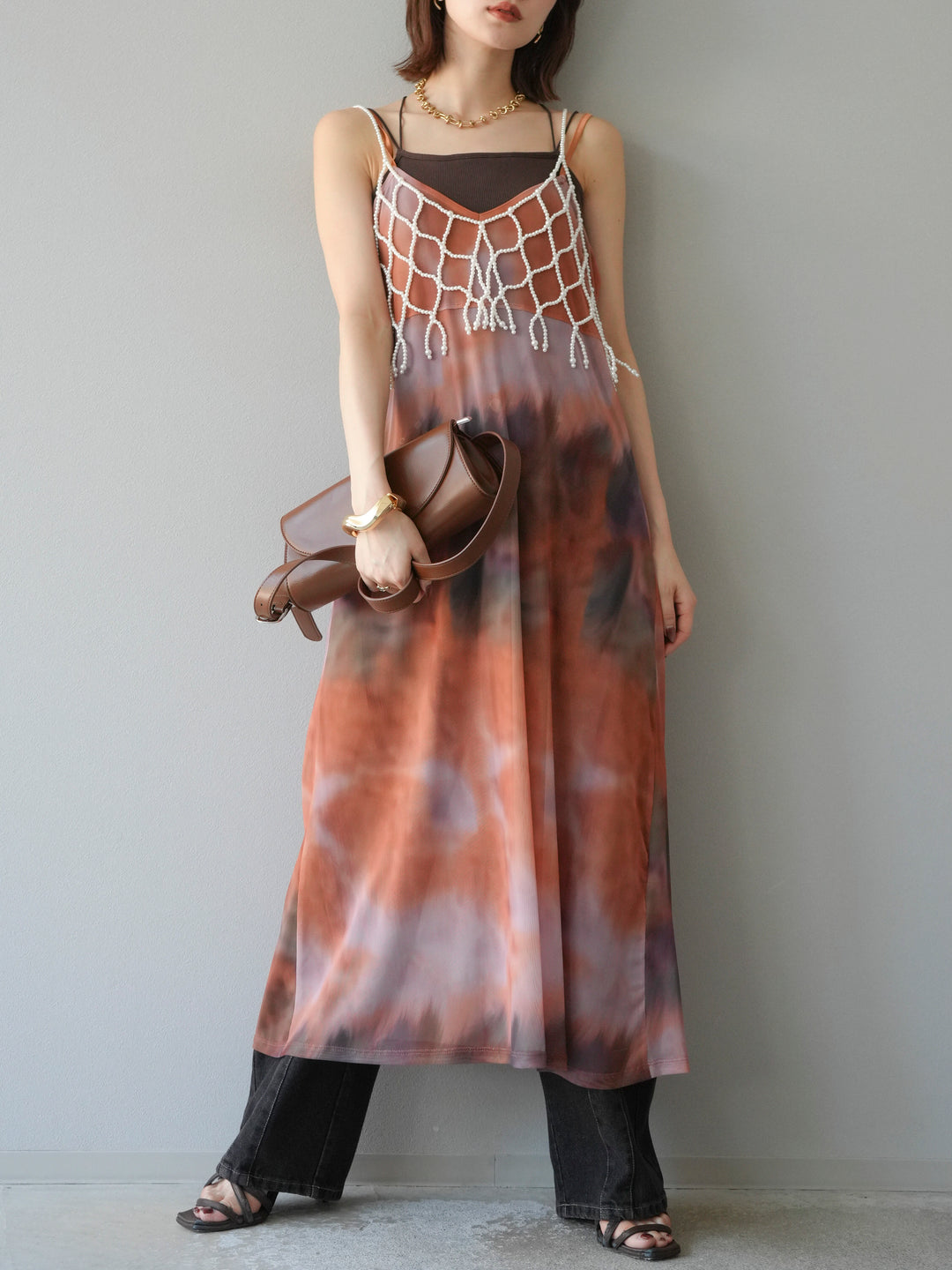 [予約タイダイ柄シアーキャミワンピース/オレンジ