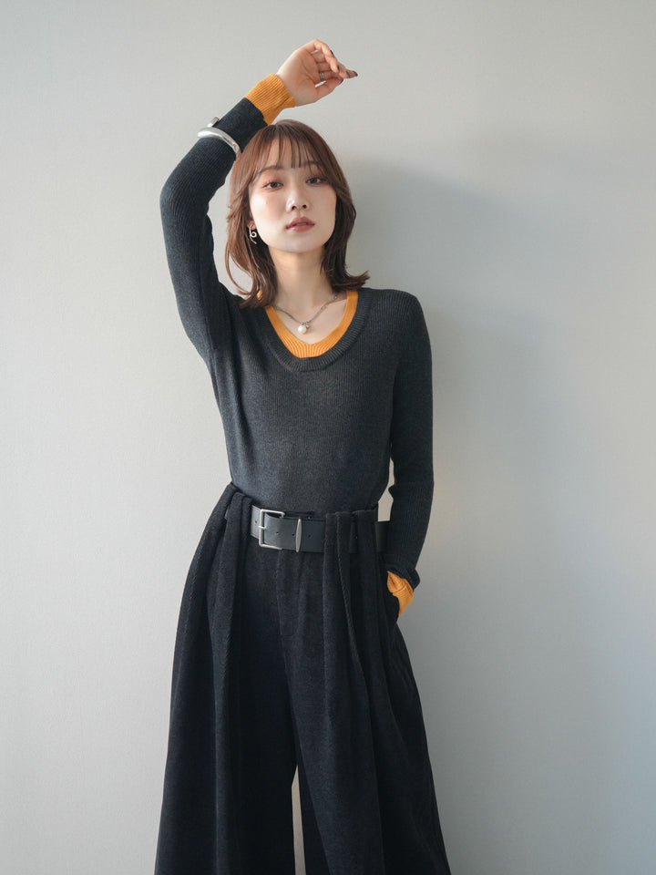 [SET]Uネック配色レイヤードリブニットトップス+Uネック配色レイヤードリブニットトップス(2set)