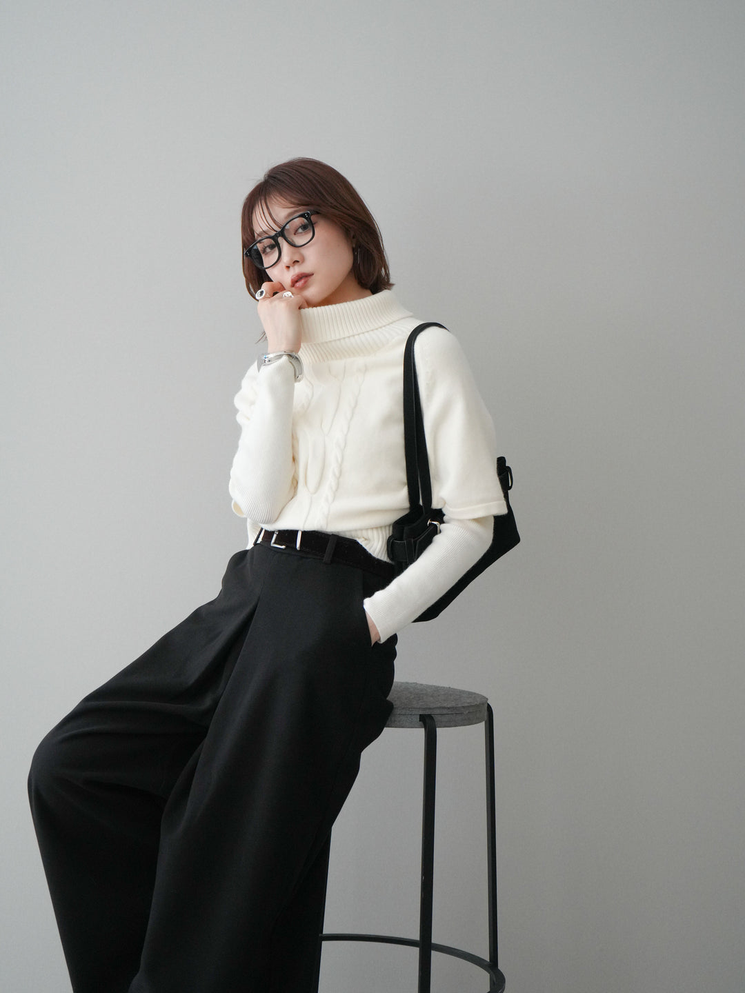 [予約]ケーブル編みタートルハーフスリーブニットアンサンブル/ivory