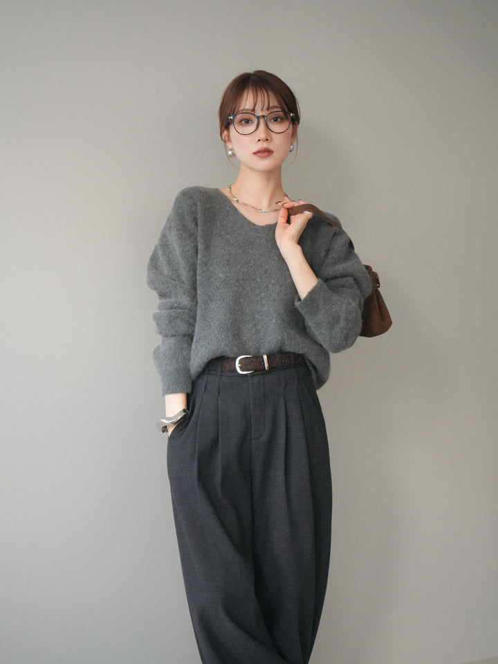 [予約]シュシュ付きアンゴラタッチVネックニットプルオーバー/gray