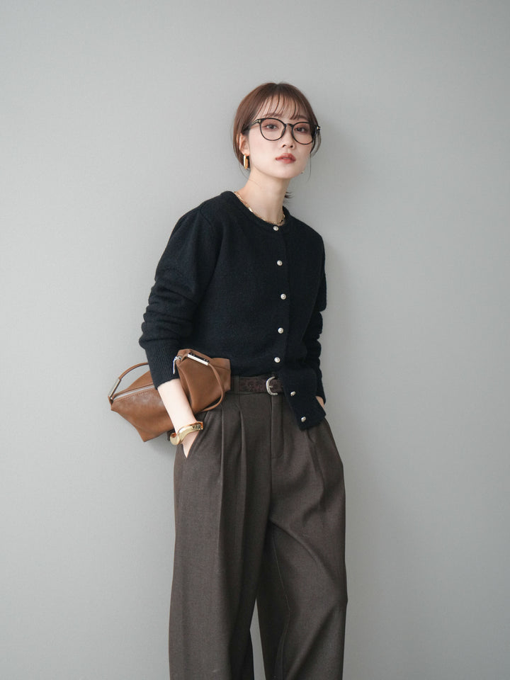 [SET]アンティークボタンニットカーディガン+アニマル柄ベルト付きウールタッチワイドパンツ(2set)