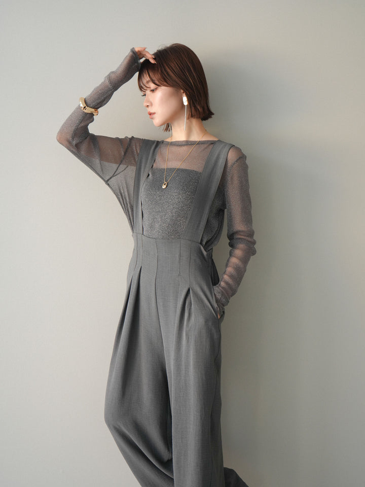 [予約]シボ加工ハイウエストタックサロペット/charcoal