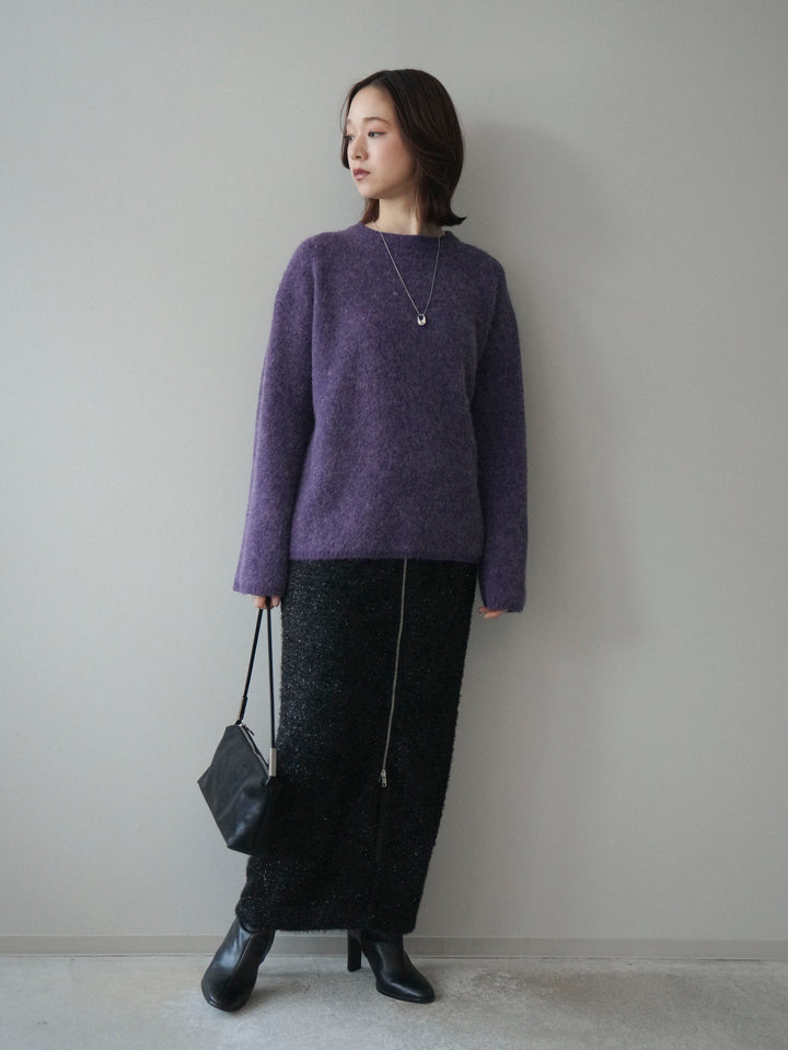[SET]アンゴラタッチクルーネックニットプルオーバー+ラメシャギーフロントジップスカート(2set)