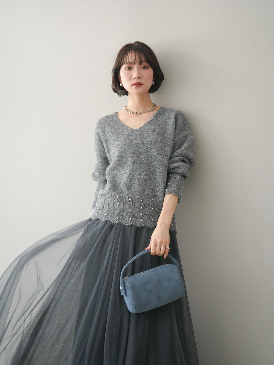 [SET]パールフリルリブヘムニットプルオーバー+選べるアクセセット(2set)