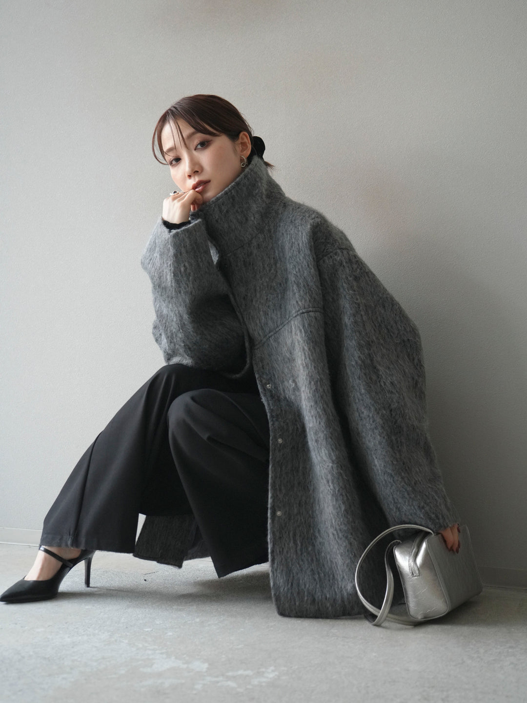 [予約]スタンドカラーシャギーコート/charcoal