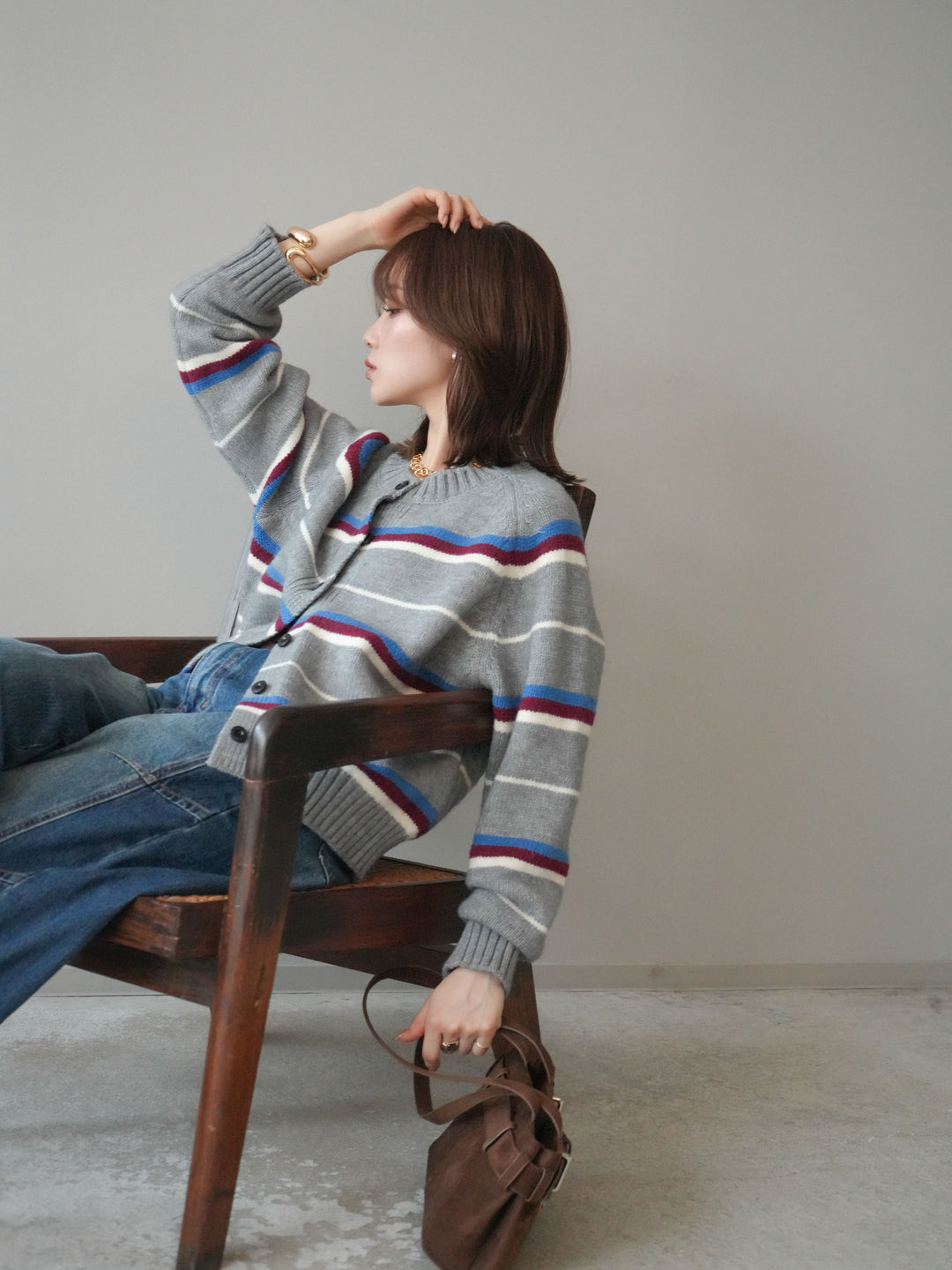 [SET]ランダムボーダーニットカーディガン+デザインステッチカーブデニムパンツ(2set)