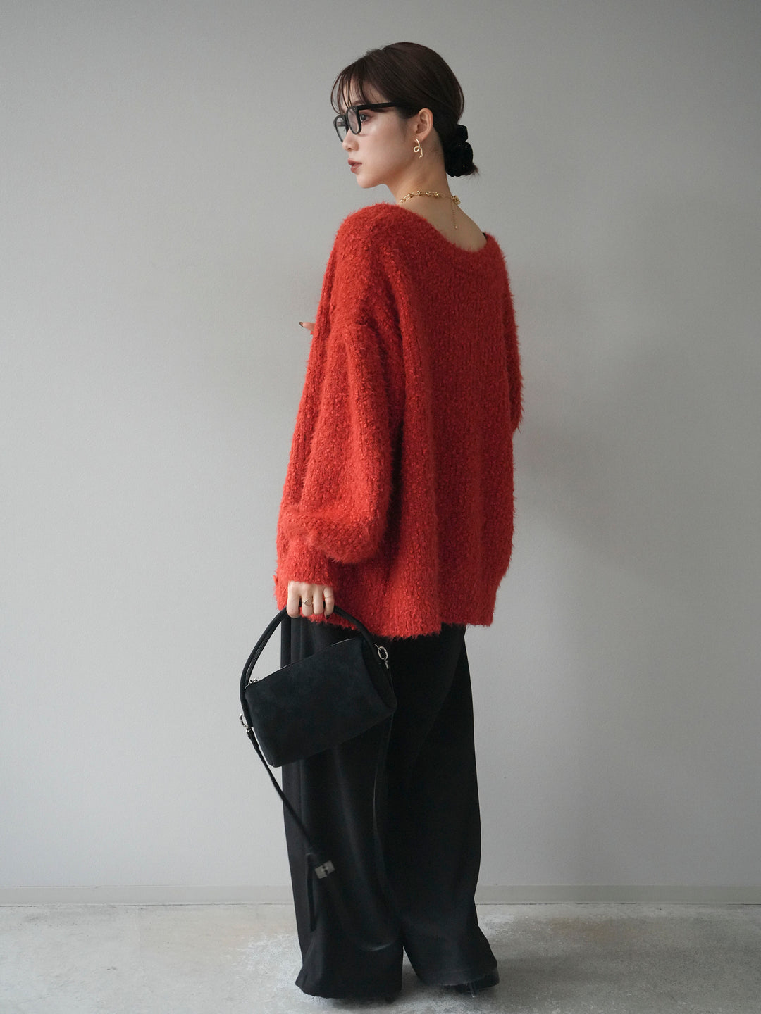 [SET]クルーネックランダムシャギーカーディガン+ベルトループデザインワイドパンツ(2set)