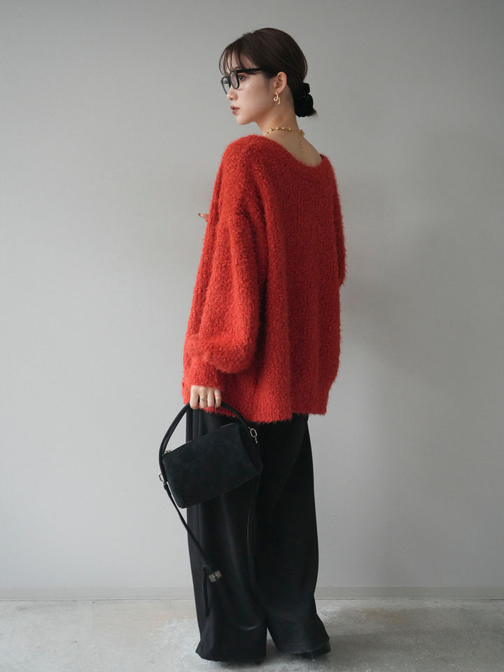 [SET]クルーネックランダムシャギーカーディガン+ベルトループデザインワイドパンツ(2set)