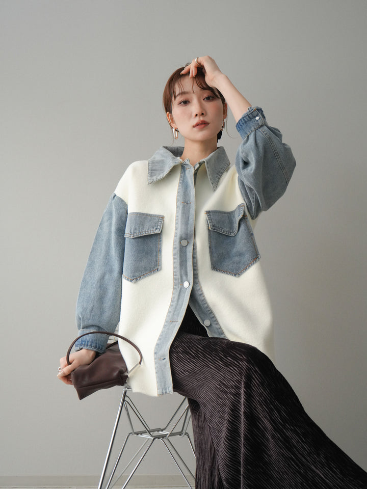 [予約]デニム襟ダブルフェイスニットカーディガン/white