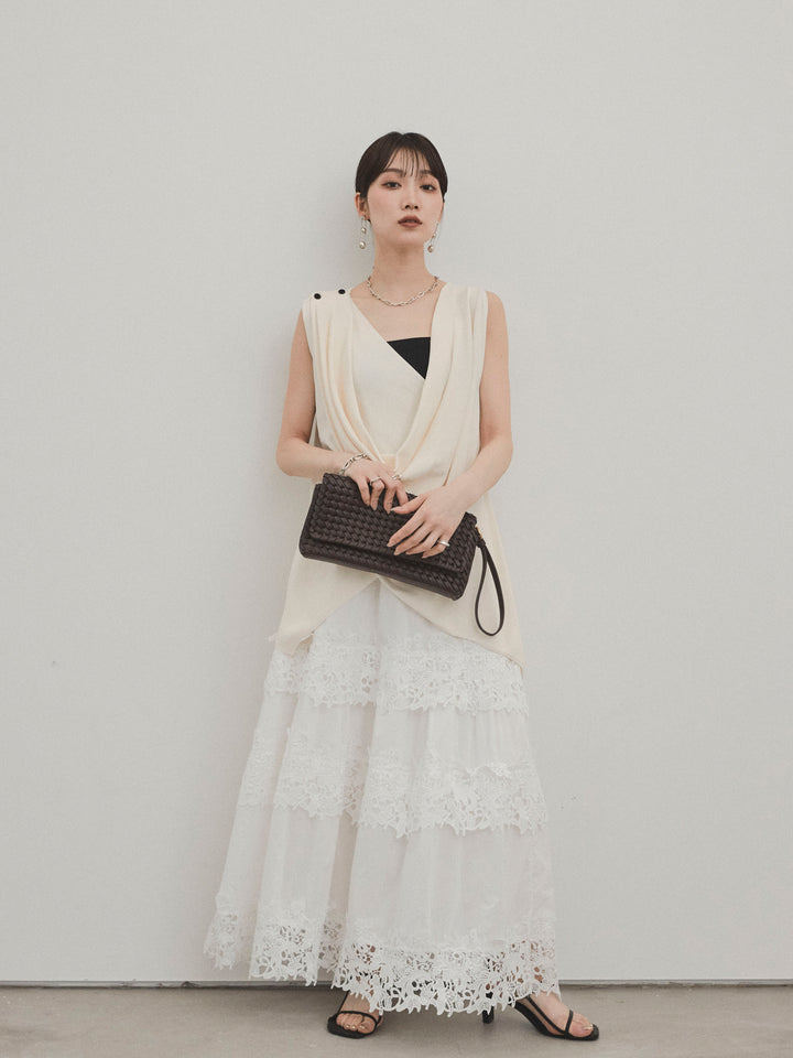 [SET]ドライタッチドレープニットプルオーバー+スカラップレースロングスカート(2set)