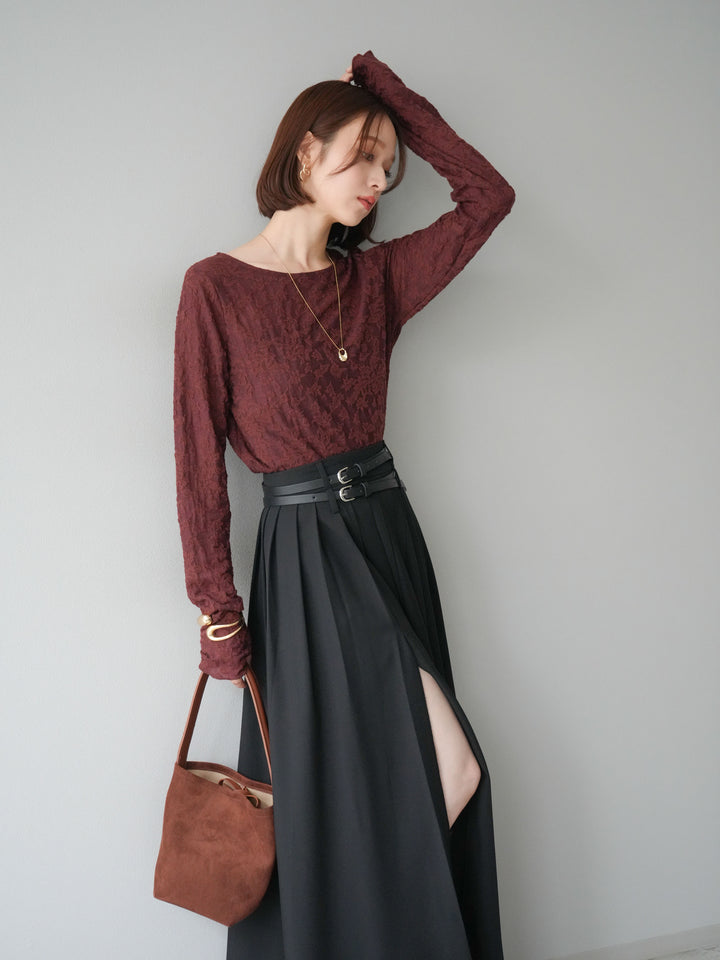 [SET]シアージャガードトップス+エステルプリーツスリットスカート(2set)