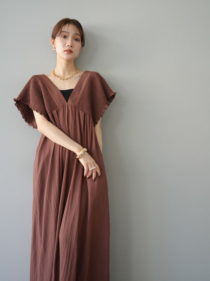 【預購】褶皺V領洋裝/棕色