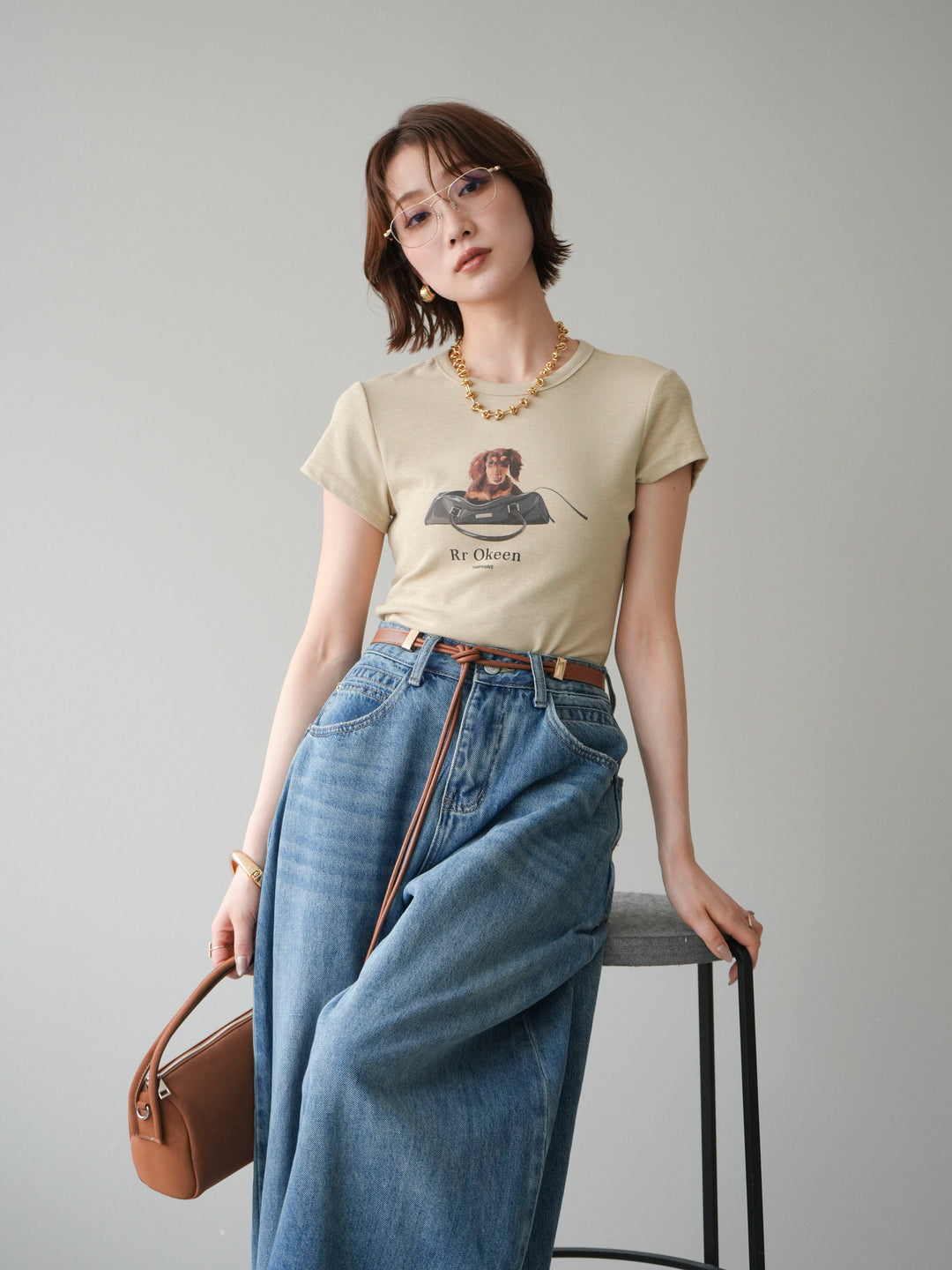 [SET]ドッグコンパクトTEE+ベルト付ボリュームデザインデニム(2set)