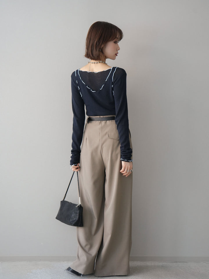 [SET]バイカラーメローアンサンブルシアーニットトップス+ベルト付キーホルダーモチーフワイドパンツ(2set)