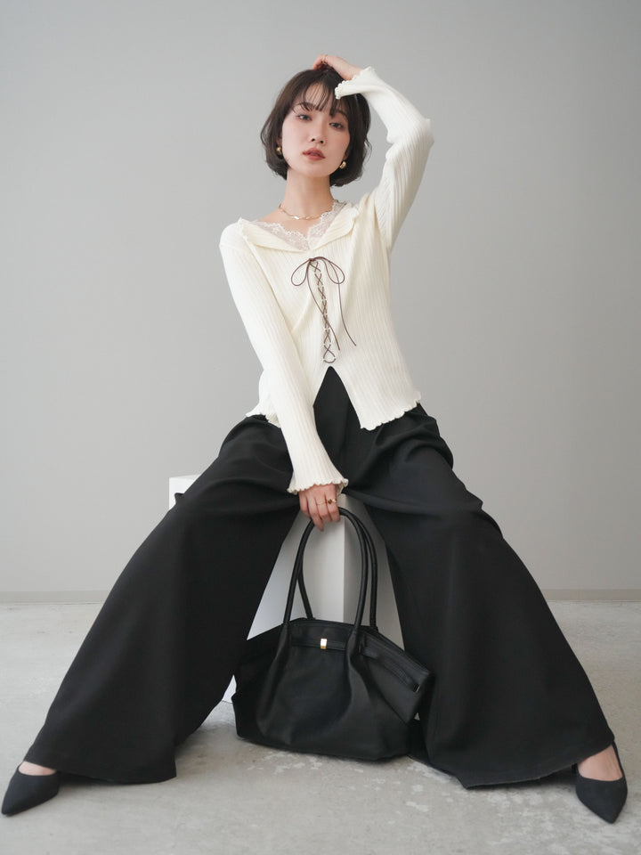 [予約]レースネックレースアップリブニットトップス/ivory