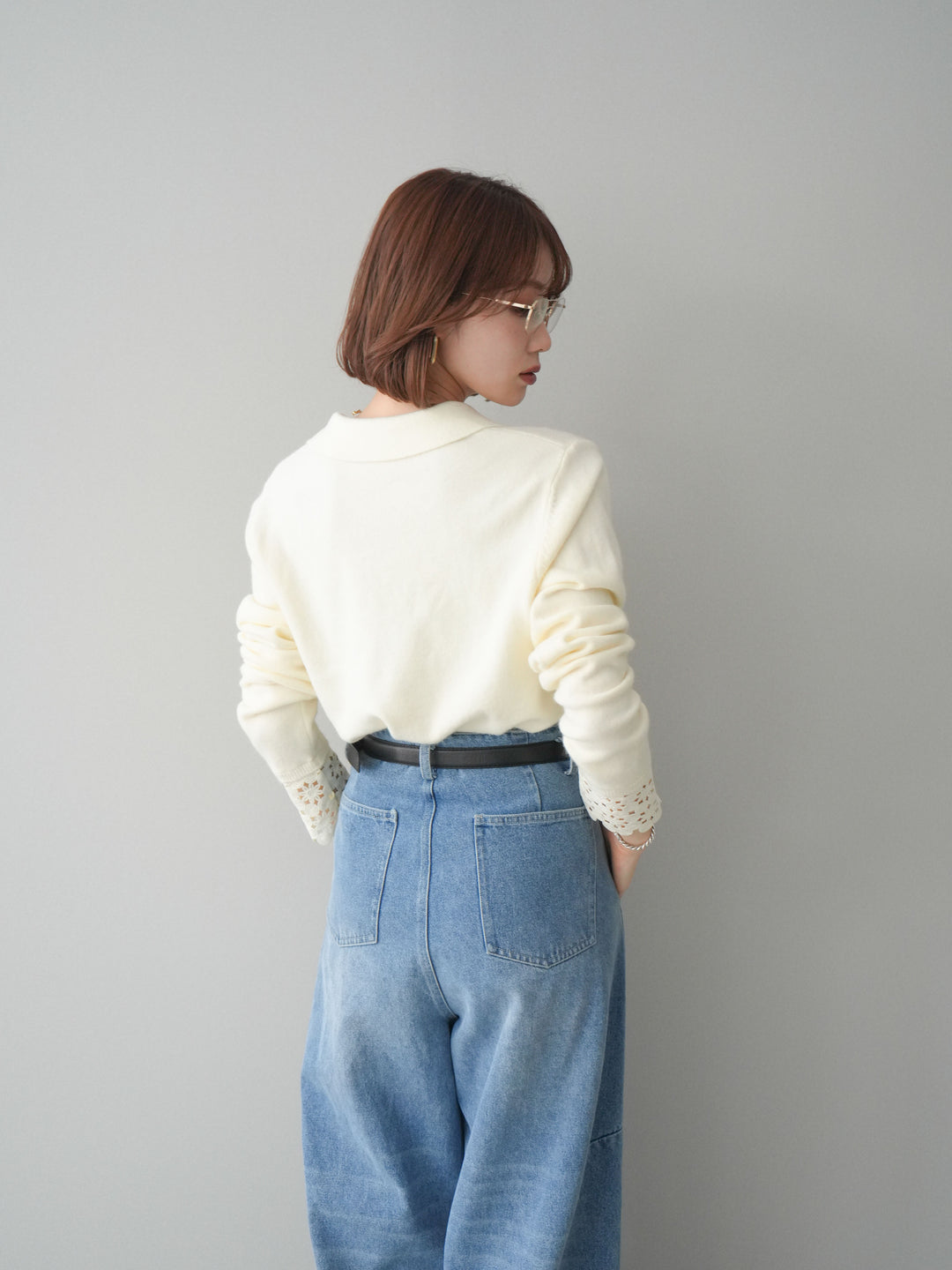 [予約]スカラップレース袖襟付きニットトップス/ivory
