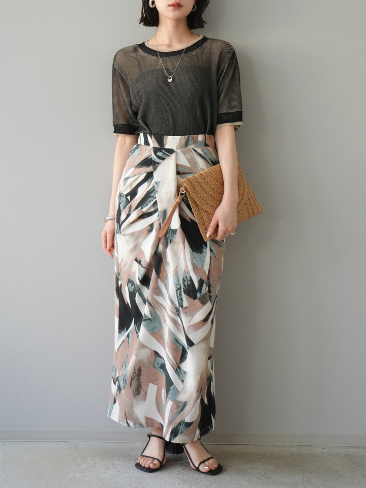 [SET]リネンタッチ配色二重臼ハーフニットトップス+選べるアソート柄スカートセット(2set)