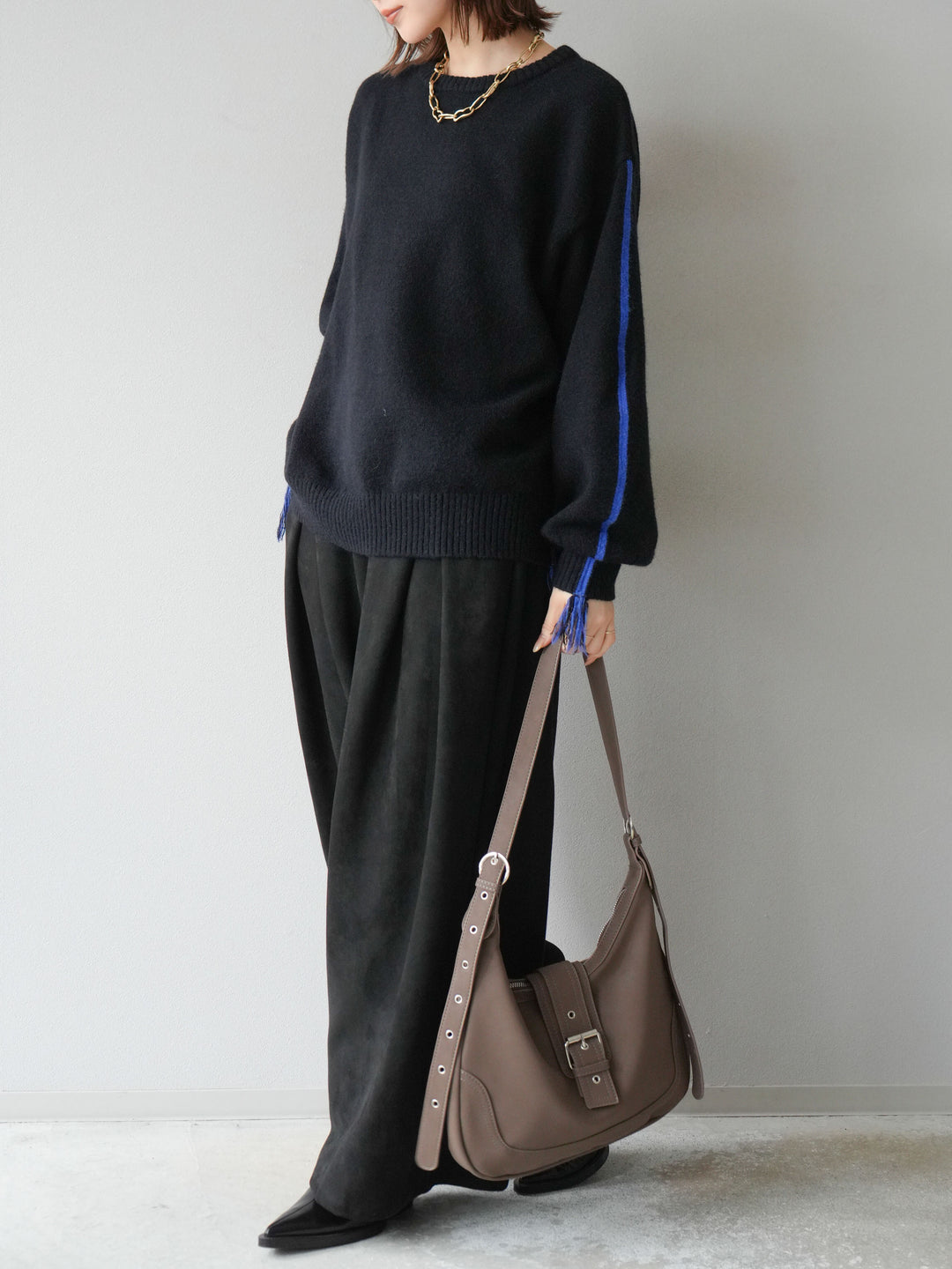 [SET]配色ステッチフリンジニットプルオーバー +スウェードタックワイドパンツ(2set)