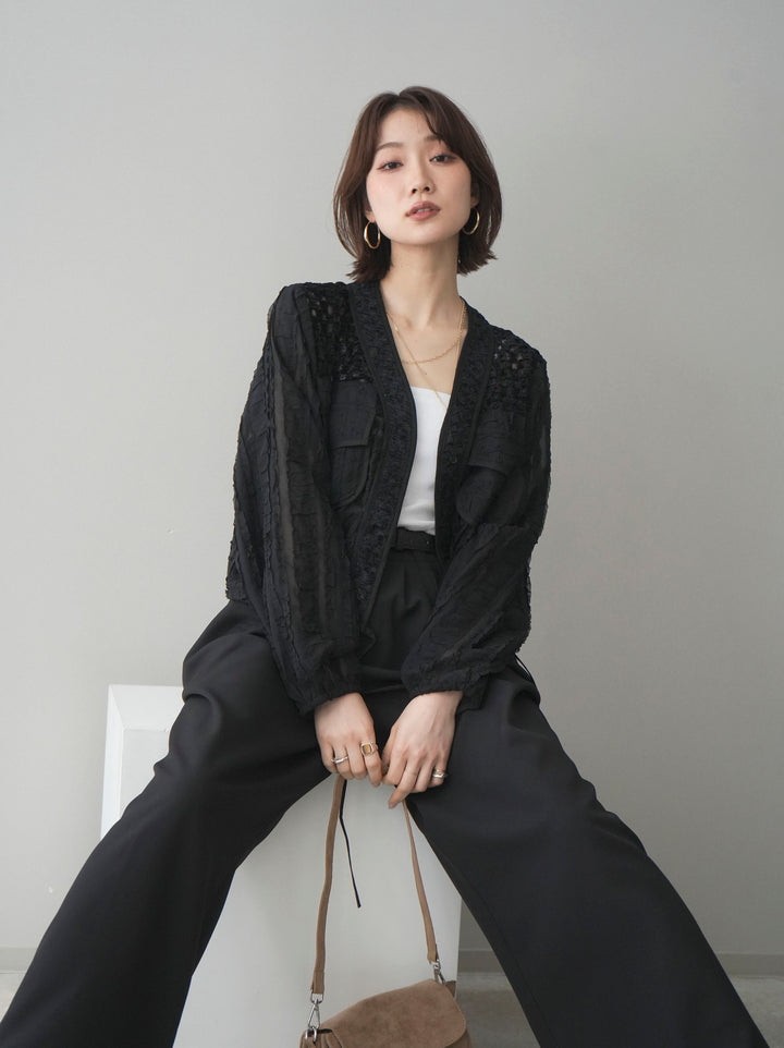 [SET]パッチワークシアーフリルブルゾン+カップ付テレコリブベアキャミソール+ベルト付キーホルダーモチーフワイドパンツ(3set)