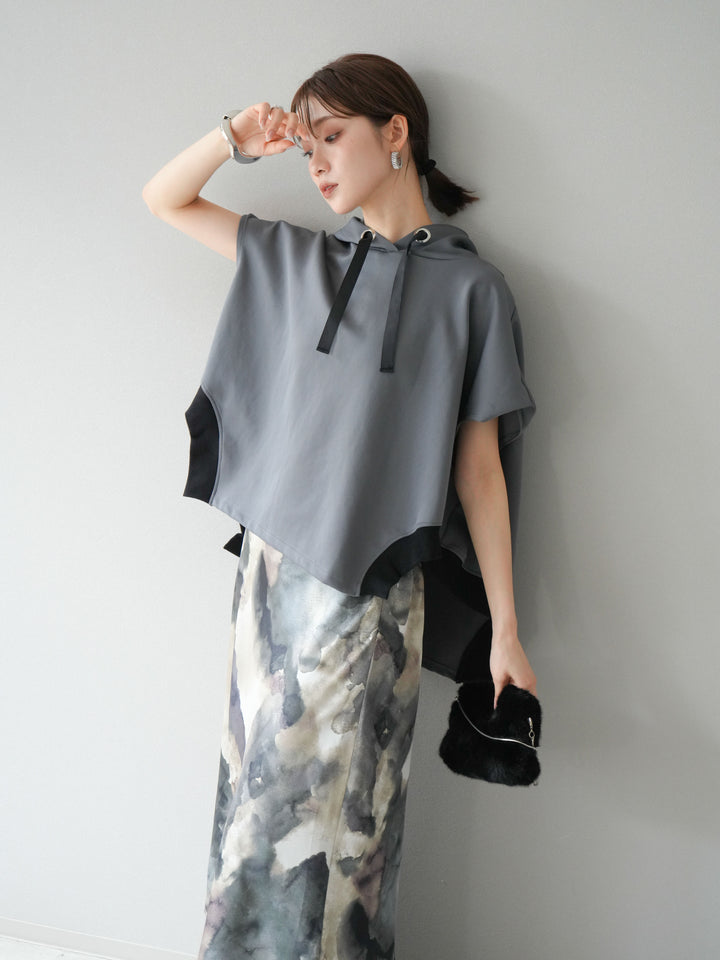 [SET]アシンメトリードルマンバックZIPフーディー+ニュアンスサテンフリルスカート(2set)