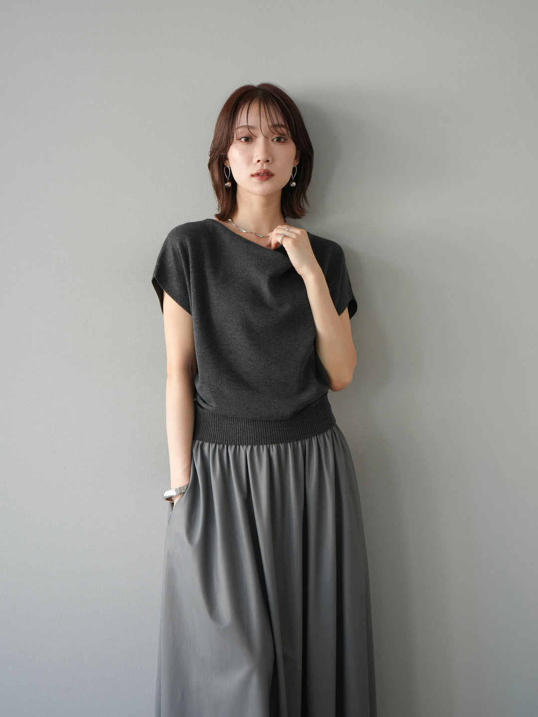 [予約]ドレープドルマンフレンチスリーブニットトップス/グレー