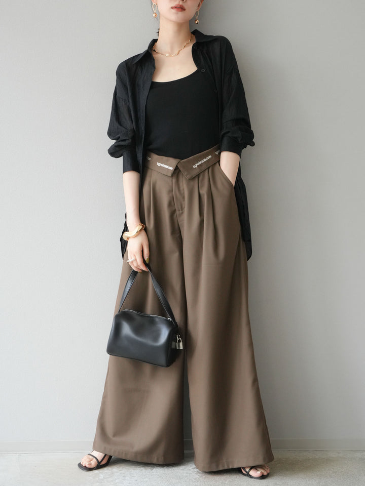 【預購】寬褲，捲腰，附logo褶/褐色