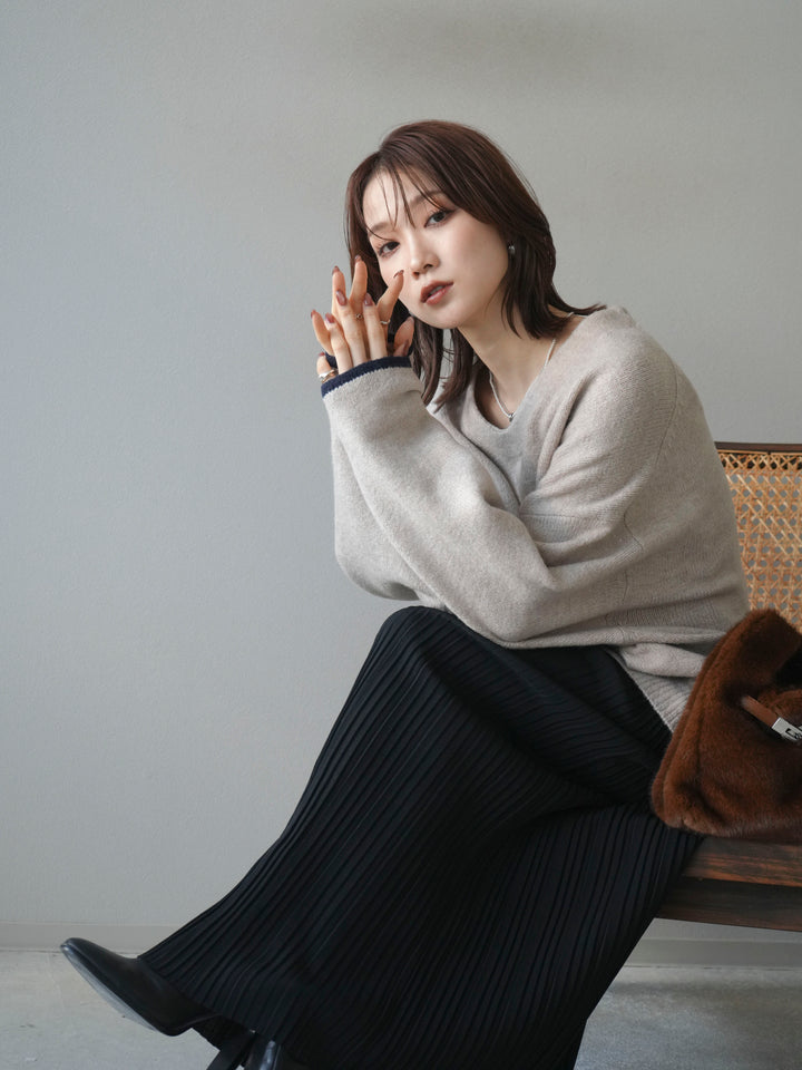 [SET]Vネック配色スリーブニットプルオーバー+選べるアクセセット(2set)