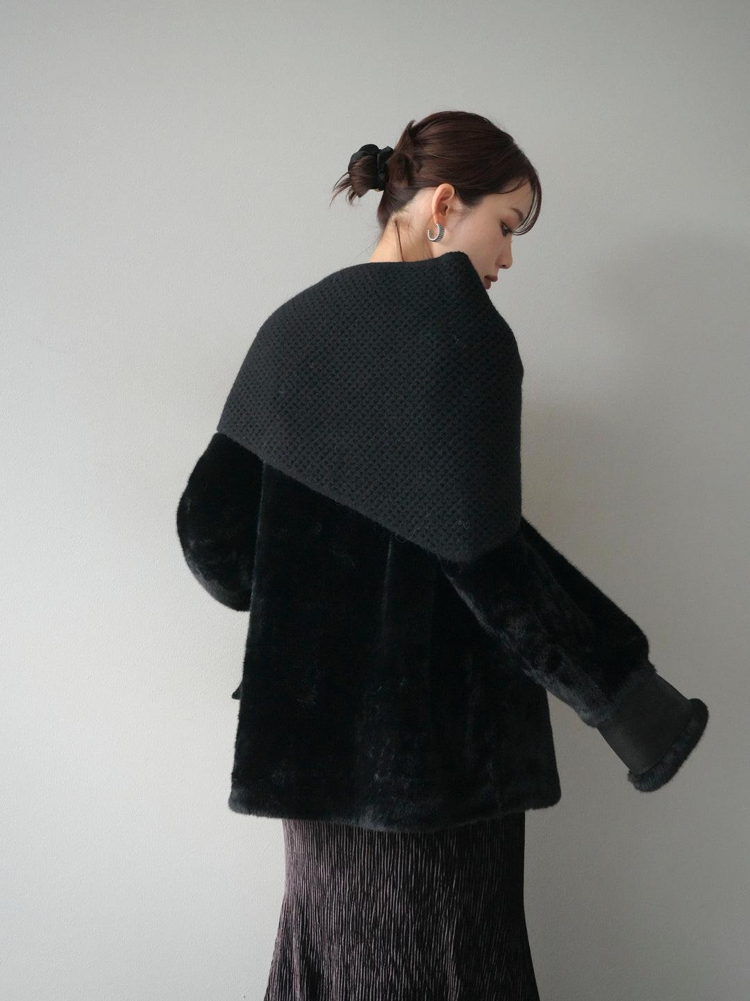 [予約]バッグ付エコファーノーカラーコート/black