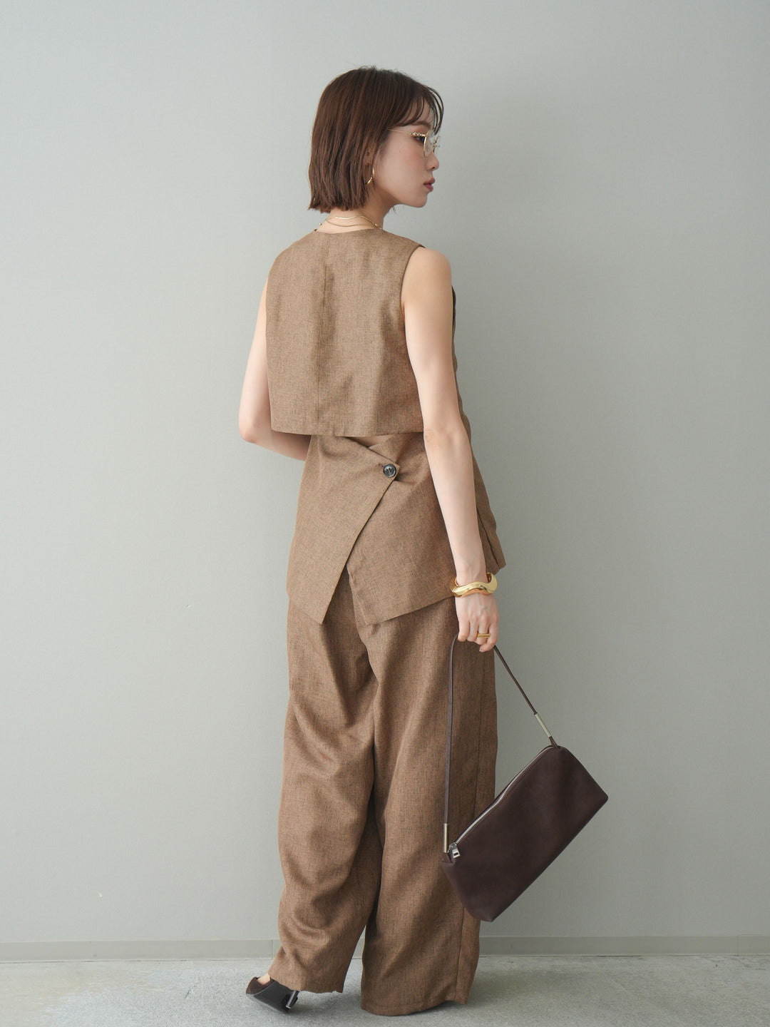 [SET]リネンライクバックオープンジレ+リネンライクタックワイドパンツ(2set)