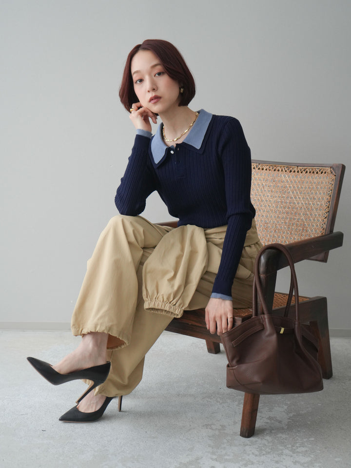 [予約]ダブル襟ポロリブニットトップス/navy