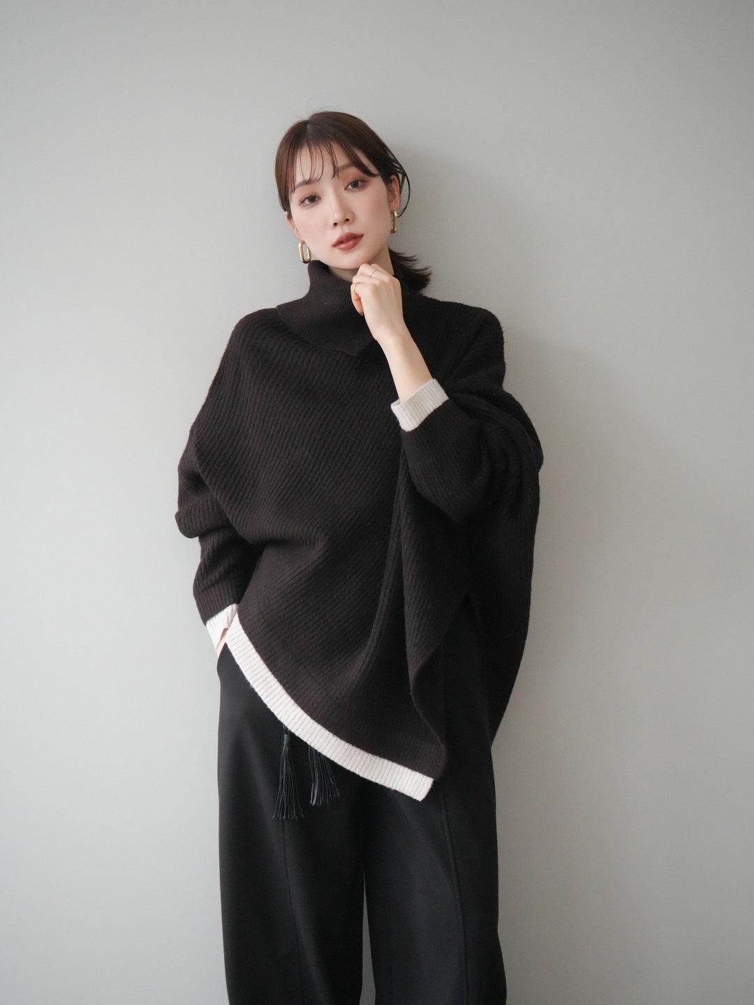 [予約]配色アシンメトリードルマンニットプルオーバー/brown