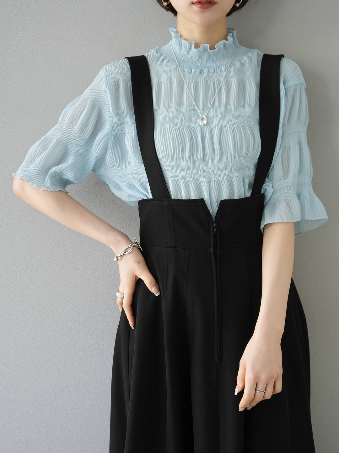 [SET] Shirring chiffon half sleeve blouse + 2WAY flare jumper skirt (2set)