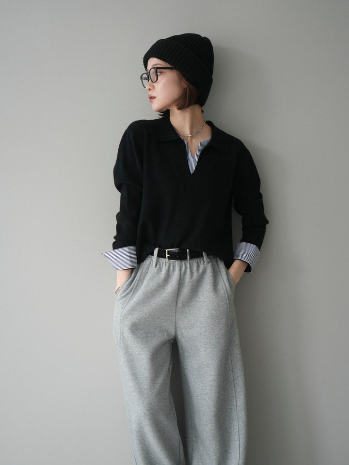 [予約]シャツレイヤードスキッパーニットプルオーバー/black
