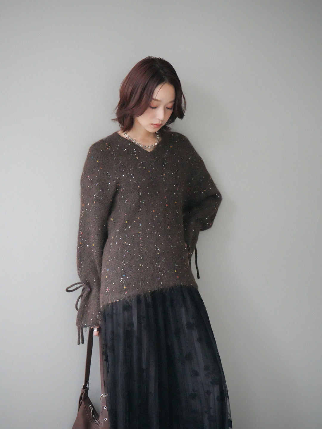 [SET]キャンディースリーブカラーネップスパンコールニットプルオーバー+フラワーフロッキーチュールプリーツスカート(2set)