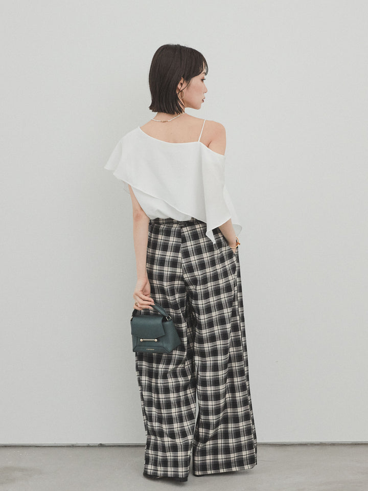 [SET]ワンショルラッフルブラウス+チェック柄ワイドパンツ(2set)