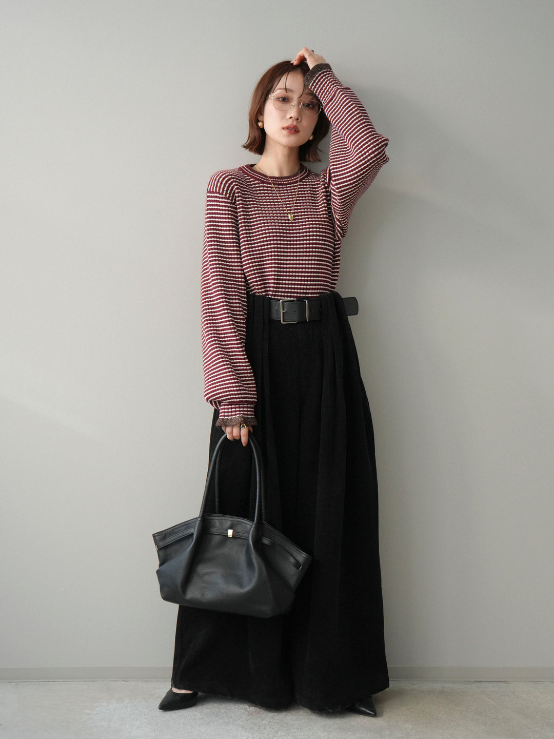 [SET]ラメ異素材ボーダーリブニットプルオーバー+ベルトデザインループコールテンワイドパンツ(ベルト付き)(2set)