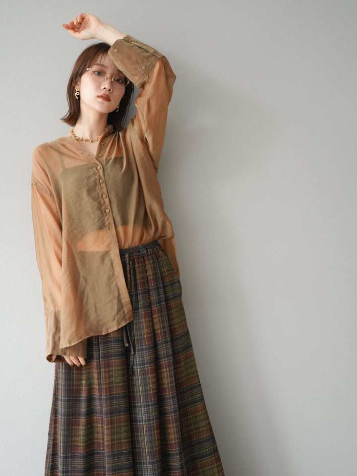 [予約]シャイニーシアーバンドカラーシャツ/カーキブラウン
