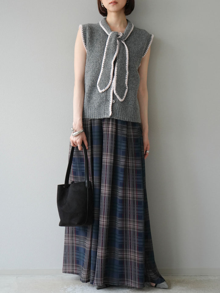 [予約]ステッチデザインボウタイニットベスト/グレー