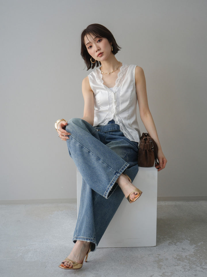 [予約]ノースリサテンレースキャミソール/white